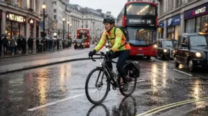 Commuter wearing a breathable waterproof jacket cycling through a rainy London street
