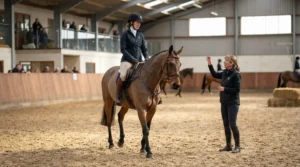 A professional womens equestrian jacket suitable for training sessions at a riding school.