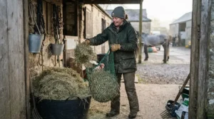 An affordable womens equestrian jacket keeping the wearer dry during routine morning stable duties.