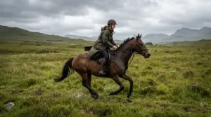 A stylish womens equestrian jacket styled as a classic riding mac during a crisp autumn canter across open fields.
