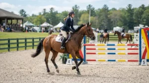 A smart womens equestrian jacket worn in the collecting ring before a showjumping round.