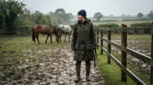 A practical womens equestrian jacket worn while tending to horses in a muddy paddock on a rainy afternoon.
