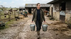 A durable womens equestrian jacket used as a yard coat while carrying heavy feed buckets at the stables.