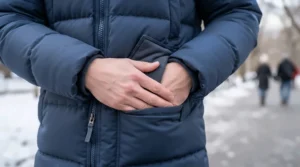 Demonstrating the deep zipped pockets on a practical womens insulated waterproof parka