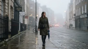 Woman wearing a womens insulated waterproof parka while walking through a frosty London park on her morning commute