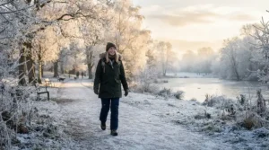 A woman wearing a navy blue womens insulated waterproof parka while walking through a frosty park