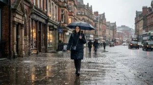 Woman in a navy insulated waterproof parka walking down a rainy London street