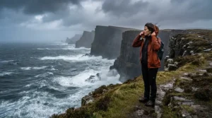 Walker facing coastal wind and rain wearing breathable women's waterproof trousers on cliffs