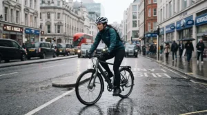 Cyclist wearing slim-fit women's waterproof trousers during a rainy morning commute in London