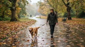 Dog walker in practical women's waterproof trousers on a muddy autumn park path