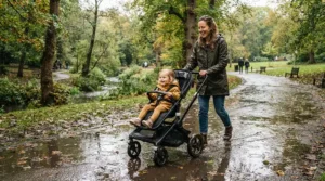 Parent pushing a pushchair through puddles wearing flexible women's waterproof trousers