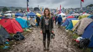 Festival-goer in lightweight women's waterproof trousers standing in a muddy campsite