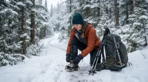 Hiker demonstrating thermal layering under women's waterproof trousers on a snowy trail