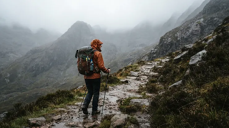A hiker wearing women's waterproof trousers on a misty trail in the Scottish Highlands
