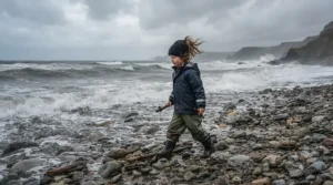 A happy child in dark navy kids' waterproof trousers walking along a pebbly coastline while searching for seashells
