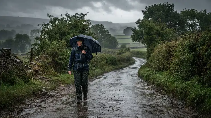 Illustration testing festival vs hiking overtrousers in a heavy downpour