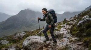 Illustration showing festival vs hiking overtrousers during a steep mountain trek