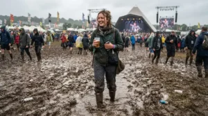 Illustration comparing festival vs hiking overtrousers in a muddy campsite setting