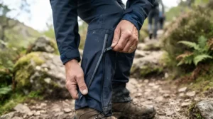 Illustration highlighting side-zip features in festival vs hiking overtrousers
