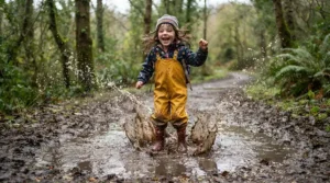 A smiling child wearing bright blue kids' waterproof trousers jumping enthusiastically into a large muddy puddle in a suburban garden