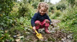Children in pink kids' waterproof trousers digging in a muddy outdoor sandpit at a forest nursery setting