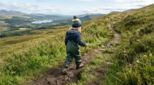 A family hiking across grassy hills with the youngest child in green kids' waterproof trousers leading the way