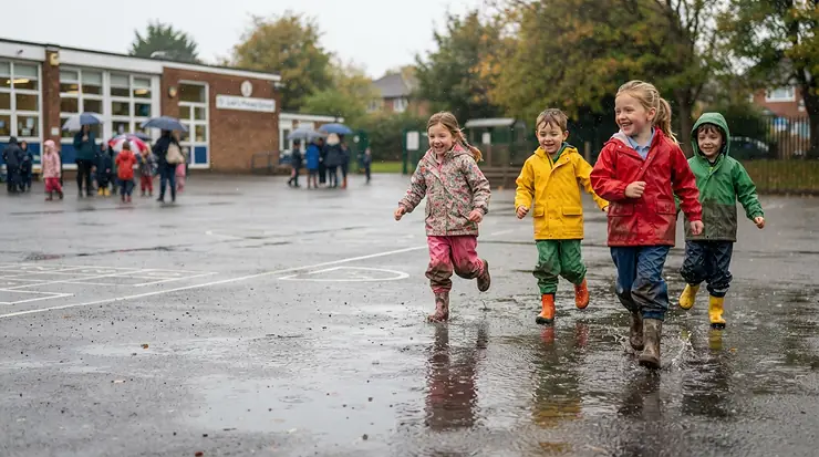 School children wearing brightly coloured kids' waterproof trousers running and playing football during a rainy break time