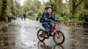 A young cyclist wearing high-visibility reflective kids' waterproof trousers riding a bike through a park path