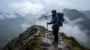 A hiker comparing waterproof trousers vs overtrousers during a wet day out in the Scottish Highlands.