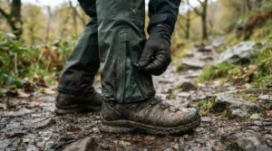 Demonstrating ease of pulling waterproof trousers vs overtrousers over muddy walking boots.
